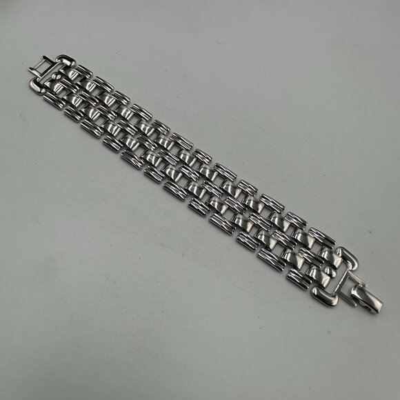 Vintage Wide Link Bracelet Silver Tone Flat Panel Statement Jewelry 7 Inch - Picture 4 of 8